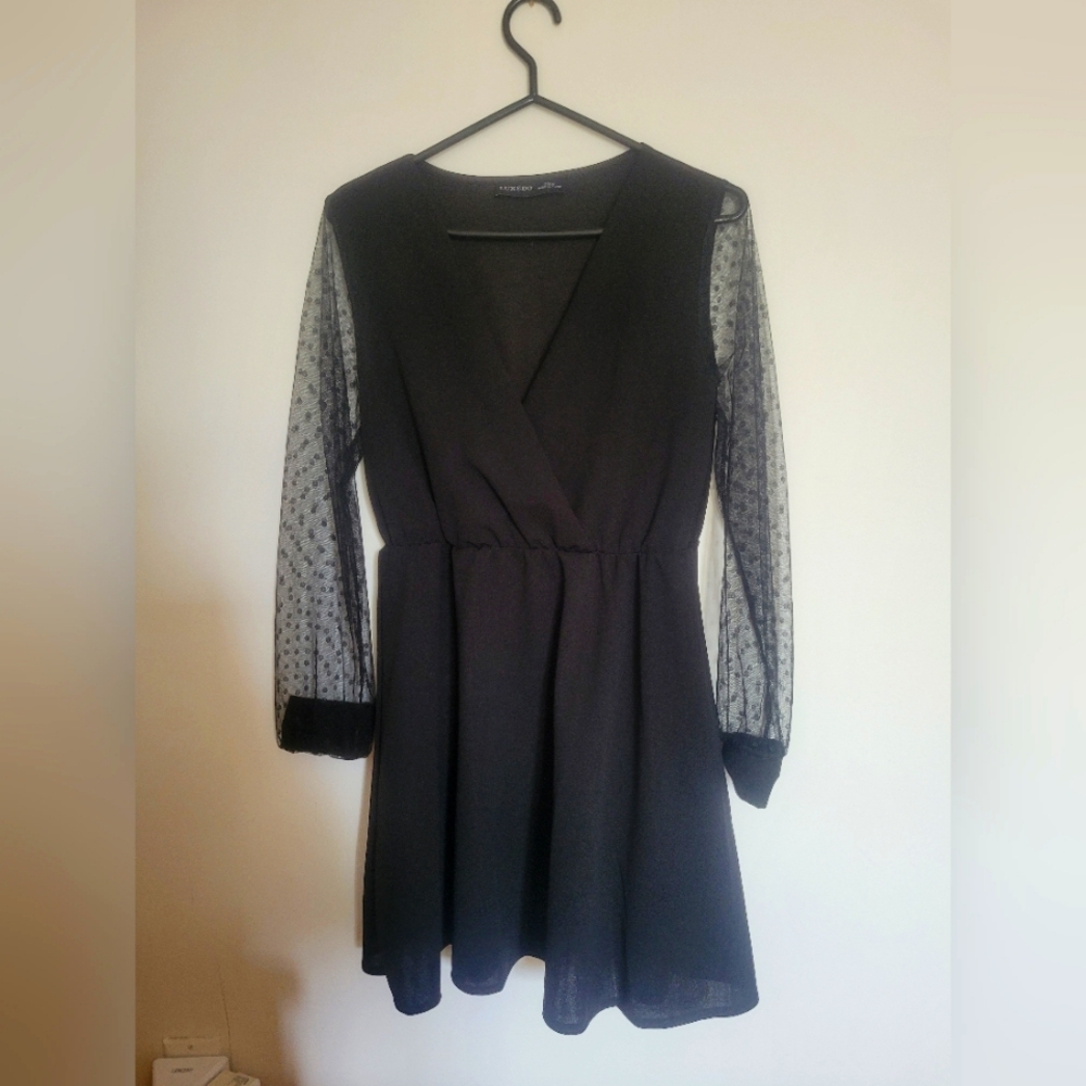 Luxe Black Fit and Flare Dress with Bishop Sleeves